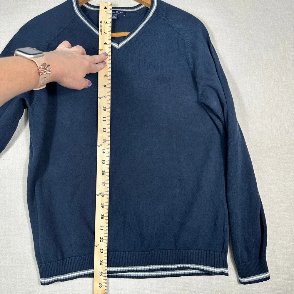 Brooks Brothers Sweater Mens XL Navy Blue V-Neck Cotton Tipped Trim Pullover